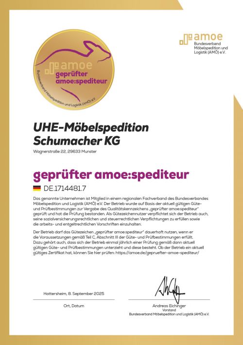 AMÖ Zertifikat für die UHE-Möbelspedition in 29633 Munster